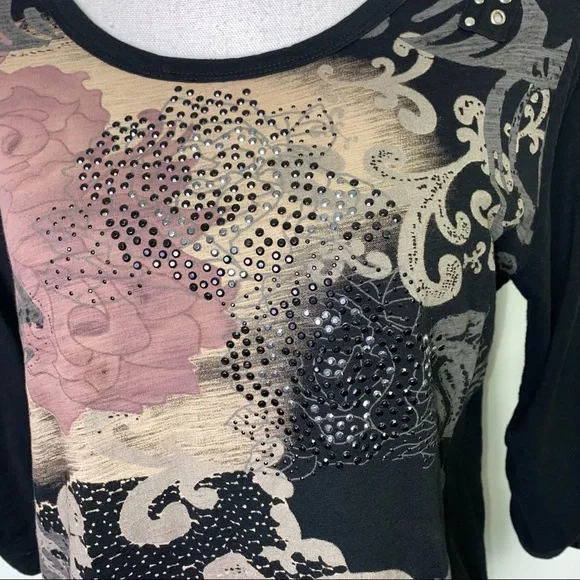 Style & Co. Jeans Studded Embellished Floral Print Top Y2K Size Petite Large - Picture 5 of 9